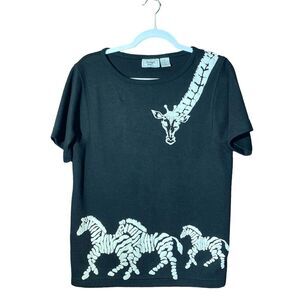 Vintage 80's Keneth Too! Black & White Zebra & Giraffe Print Sweater Size Medium